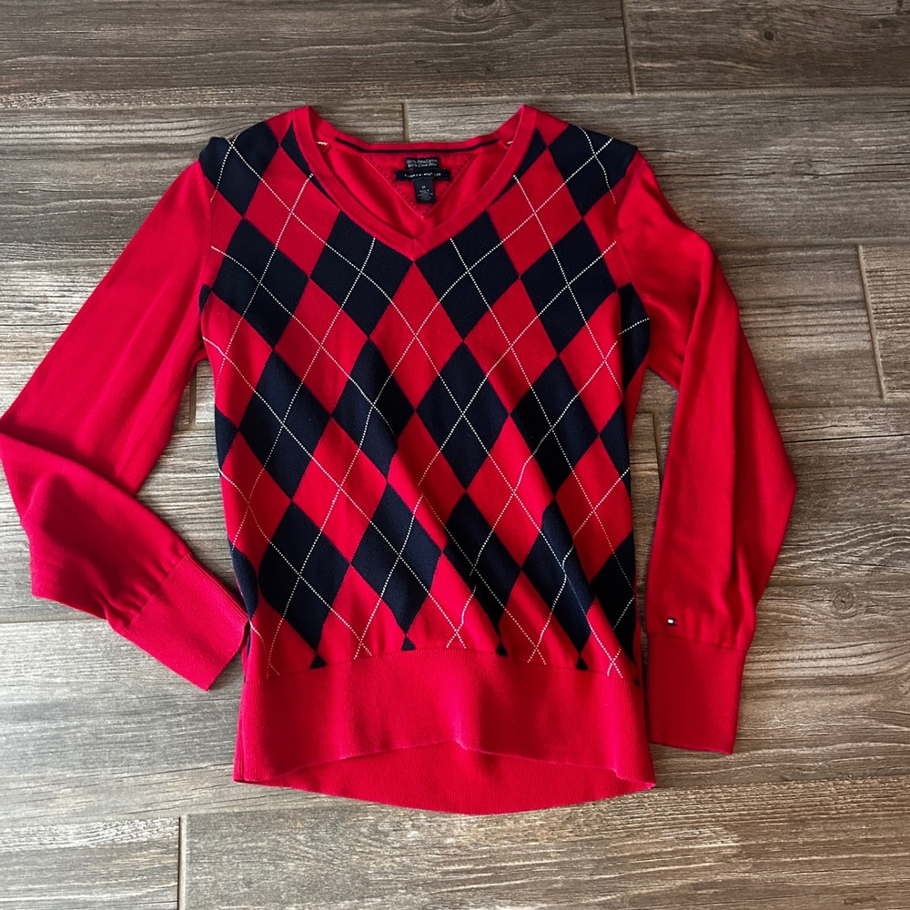 Y2K Tommy Hilfiger Womens Red Navy Blue Argyle V-Neck‎ Pima Cotton Sweater  M